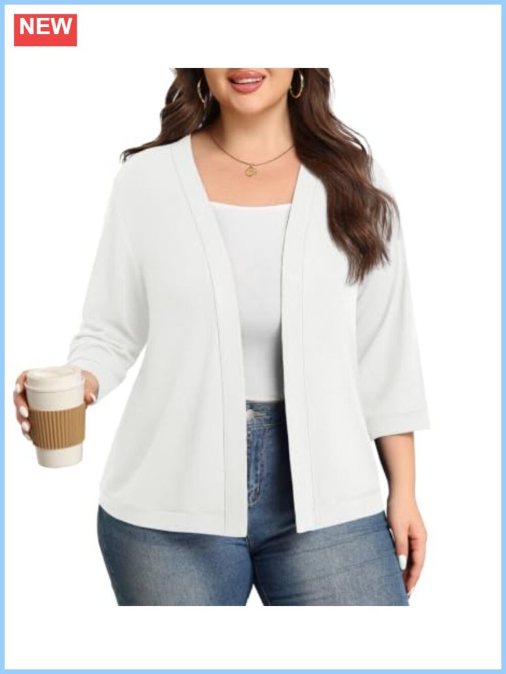 Plus Size Cropped Cardigan Open Front 3/4 Sleeve Lightweight Shrug